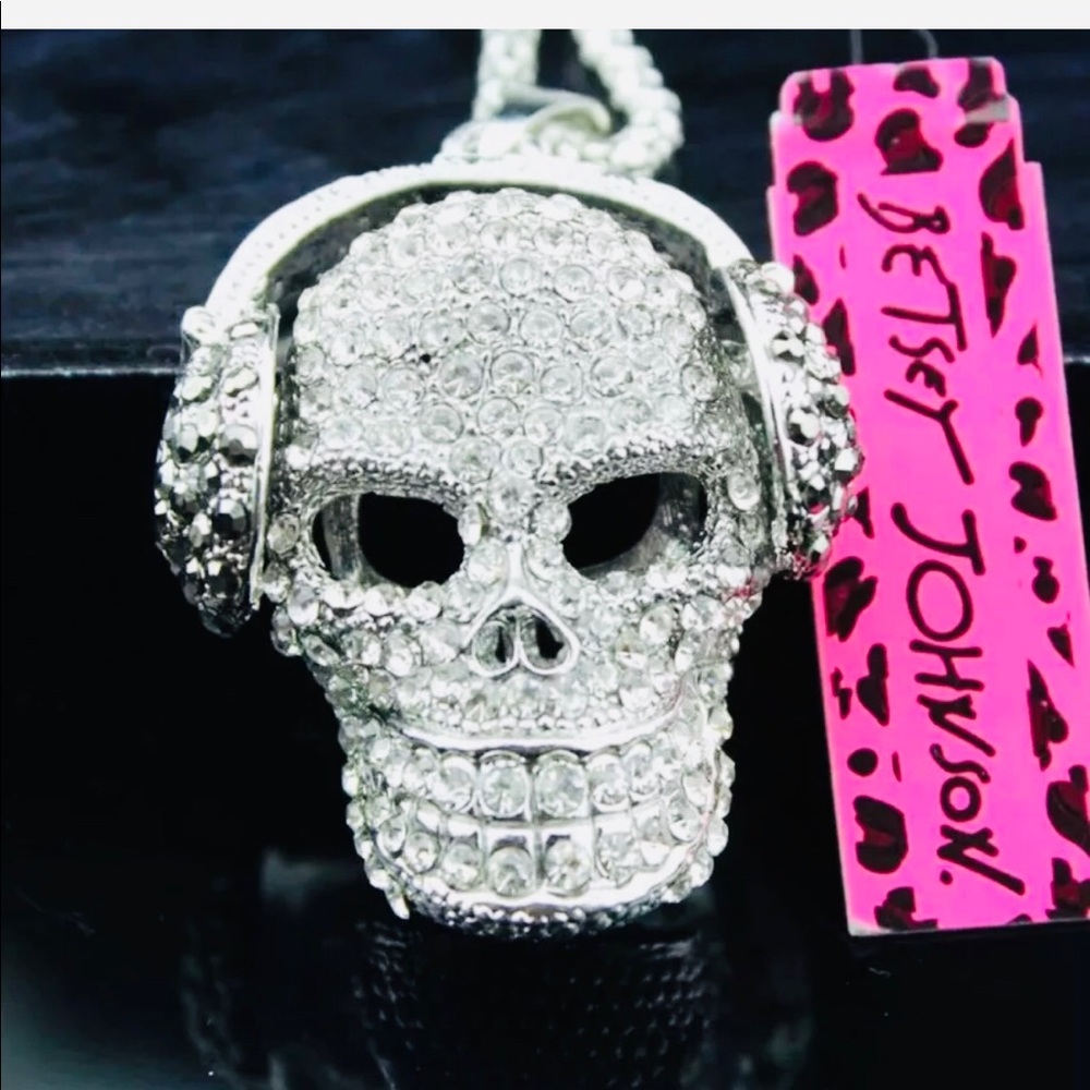 Betsey Johnson Silver Beats Skull Crystal Necklace - Picture 3 of 8